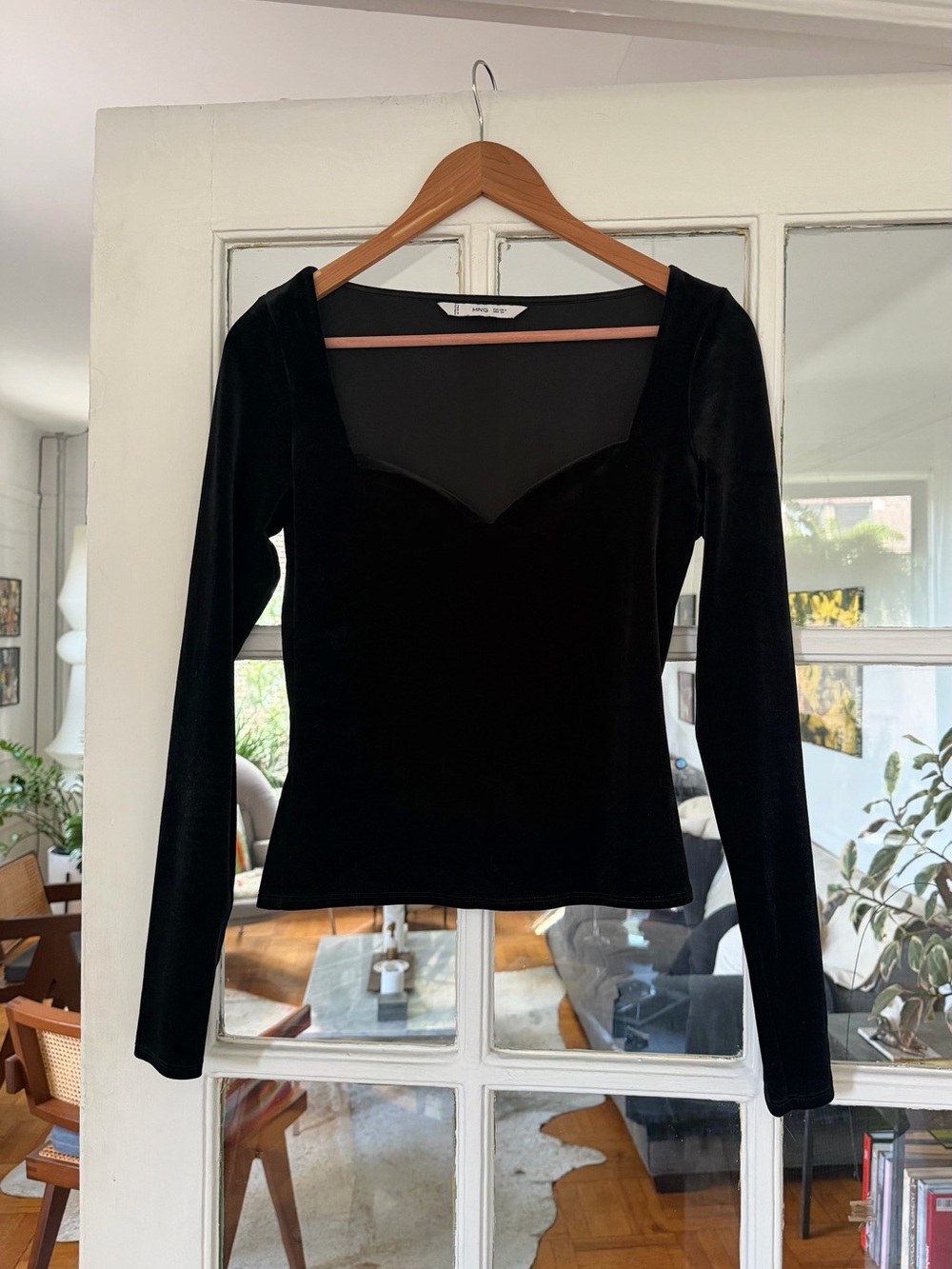 Mango Black Velvet Long-Sleeve Sweetheart Top